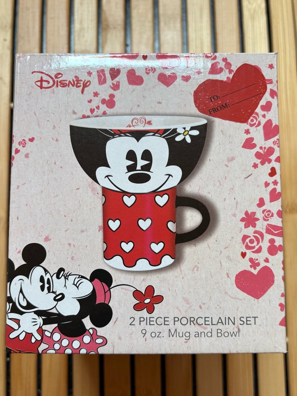 New-In-Box Disney Minnie Mouse Red and Black Heart Porcelain Mug & Bowl Set